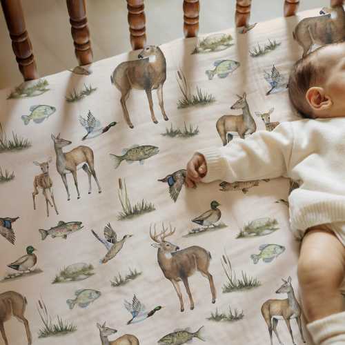 Deer Hunting Crib Sheet Personalized Woodland Nursery Decor Mallard Duck Baby Boy Crib Sheet Name Deer Print Fitted Crib Sheet Custom Name