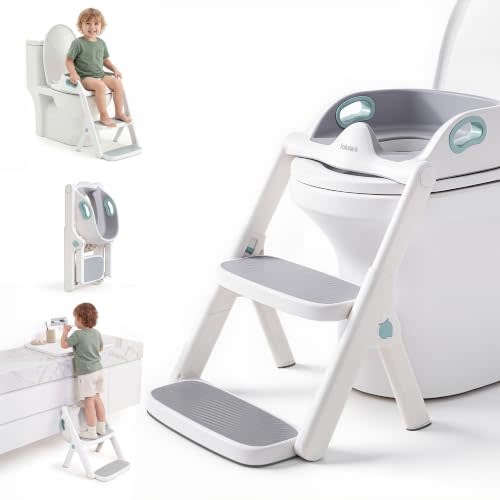 lalalark Potty Training Seat, 2-in-1 Toddler Toilet Seat with Steps, Upgrade Potty Step Stool for Toddler with Anti-Slip Pad Step Stool, Extended Splash Guard, Foldable Potty Ladder Boys Girls, Green