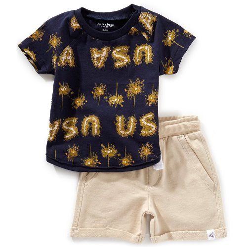 Burt's Bees Baby Boys Short Sleeve Organic Cotton USA Watercolor Patriotic Print Tee & Short Set