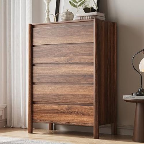 CHUWELL 45" Tall Walnut 5 Drawer Dresser for Bedroom with Solid Wood Legs
