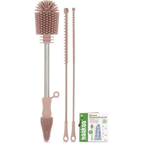 Haakaa Silicone Cleaning Brush Kit - Baby Bottle Brush Cleaner for Breast Pump,Nipple,Breast Milk Storage Bag,Reusable Straw,Sippy Cup - Food Grade Silicone Bristles, Portable - 3 Pcs - Pink