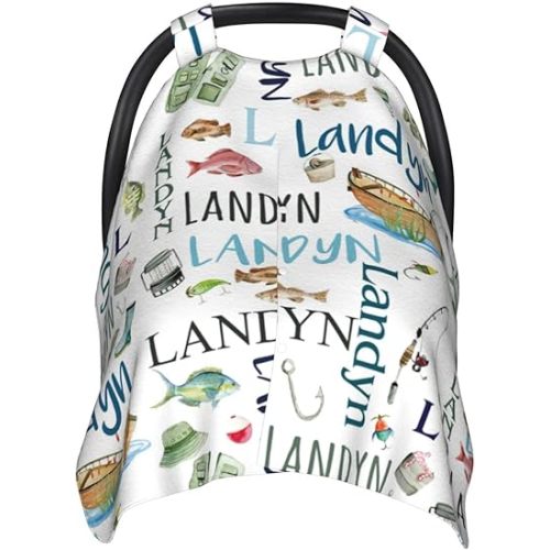 Personalized Baby Car Seat Canopy for Babies with Name, Custom Fishing Stroller Car Seat Covers for Boys Girls, Minky Nursing Carseat Cover for Breastfeeding, Car Seat Canopies for Infant Newborn