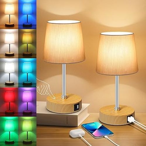 Ascher Small Bedside Table lamp Set of 2, RGB Color Changing Lamps, 3 Color Temperatures, Stepless Dimmable, Nightstand Lamp with USB C+A Ports for Bedroom Living Room, (Grey Shade, Wood Grain Base)