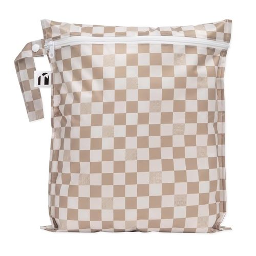 Bumkins Roamio Waterproof Wet Bag for Baby, Travel, Swim Suit, Cloth Diaper, Pump Parts, Pool, Gym Clothes, Beach, Toiletry, Hook to Stroller, Daycare, Zipper Reusable Bag, Wetdry Packing, Beige Check