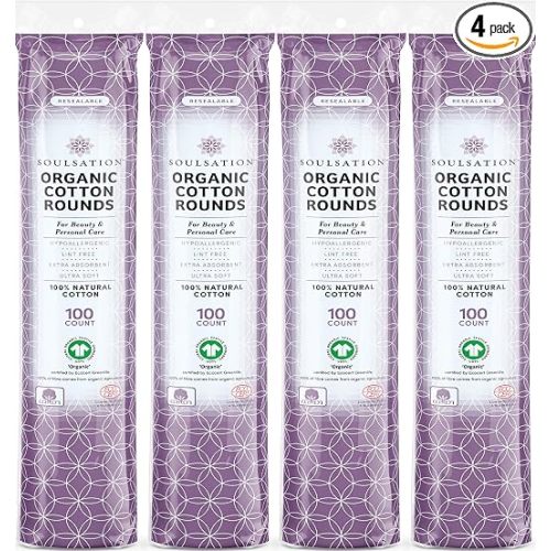 SoulSation Organic Cotton Rounds, 400 Count - Makeup Remover Pads for Face, Lint-Free