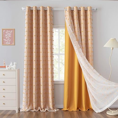MYSKY HOME Yellow Blackout Curtains for Bedroom 84 Inches Long with Pom Pom Sheer Nursery Curtains Girl Room Darkening Double Layer Window Drapes for Living Room Grommet,Yellow, 52 x 84 Inch,2 Pieces