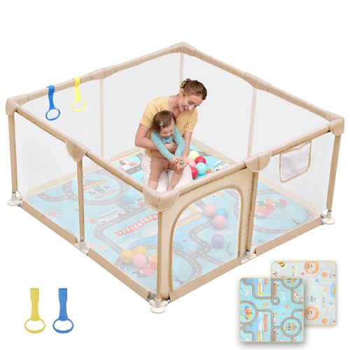Dripex Baby Playpen, 47"x47" Play Pen for Babies, Cream | Included Waterproof Mat/ Pull up Rings, Breathable Visible Mesh, Anti-Fall Design, Easy Setup, Indoor/Outdoor Use