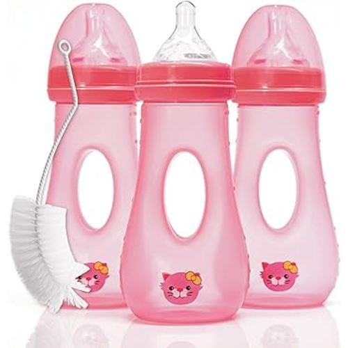 Avima Easy Grip Anti Colic Baby Bottles, BPA Free, 8 oz. Wide Neck w/Medium Flow Silicone Nipples & Bottle Brush Pink Set (Pack of 3)