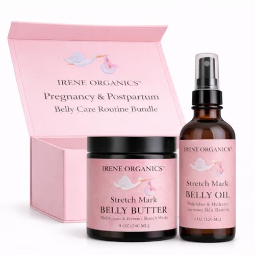 Belly Bundle by Irene Organics - Organic Belly Butter and Oil for Pregnancy Stretch Mark Prevention and Treatment - Award Winning Skincare For Pregnancy and Postpartum - Mother's Day Gift Set (Large)