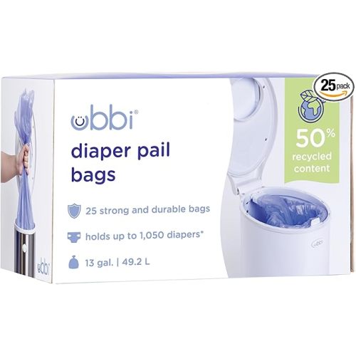 Ubbi Diaper Pail Plastic Bags, Disposable Baby Waste Bags, Single Pack, 25 Count, 13-Gallon Bags