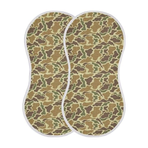 Baby Muslin Burp Cloths Set of 2 Vintage Camo Green Muslin Washcloths Camouflage Retro Brown Army Milk Spit Up Rags Soft Newborn Towel Burp Cloth Bib for Unisex Boys and Girls, 22 x 11 Inch