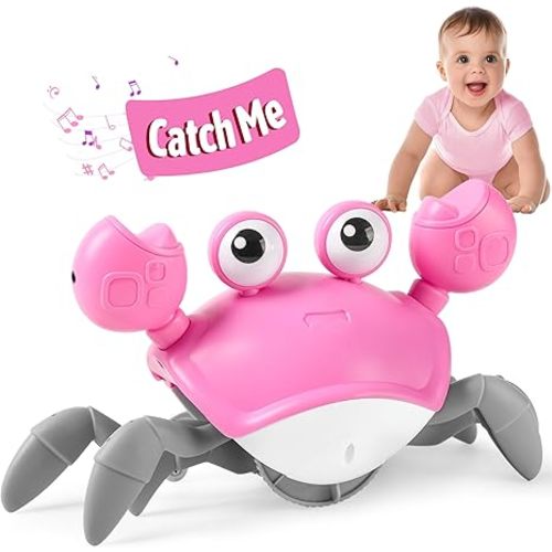 Hirger Crawling Crab Baby Girl Toy: Tummy Time Toys for Infant 3 6 9 12 18 24 36 Months, Pink Walking Dancing Sensing Crab for Toddler Age 1 2 3, 1st Music Birthday Gift for Girl