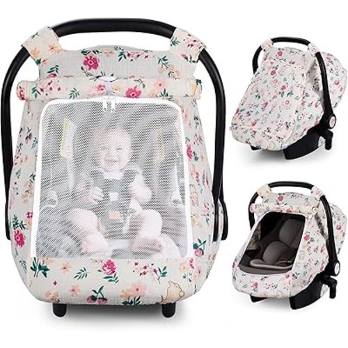 Rquite Car Seat Cover Baby, Carseat Covers Girl Boy, Breathable Muslin Cotton, Large Mesh Window, Infant Car Seat Canopy Baby Carrier Cover Stroller Sun Shade for Summer & Hot Day