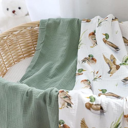 Muslin Swaddle Blankets for Girls Boys 2 Pack, Mallard Duck & Green
