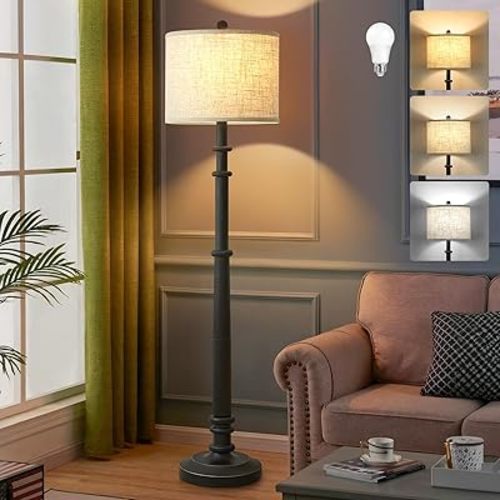 Floor Lamps for Living Room - 60" Resin Farmhouse Floor Lamp with Adjustable Color Temperatures - Vintage Standing Lamp Reading Light with Linen Shade Retro Tall Lamp for Bedroom Office, Black