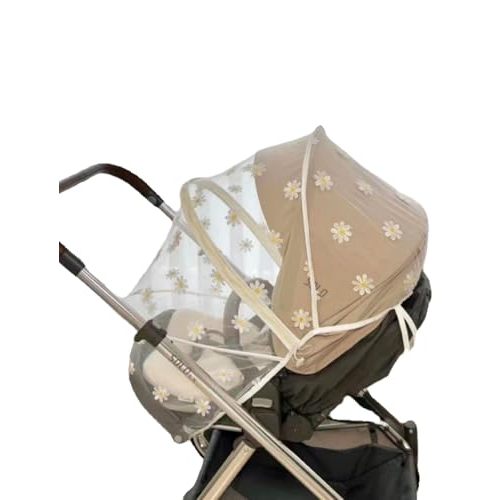 LILIWER Baby Stroller Mosquito net Anti-Insect net Baby Stroller Sunshade UV Breathable Mosquito Repellent Sunshade Easy to Install Easy to Store Foldable (White Daisy)