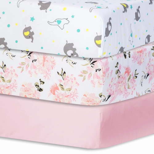 Little Grape Land Crib Sheets for Baby Girls 3 Pack, 28"x 52" Extra Soft Microfiber Crib Sheet Set for Standard Crib & Toddler Mattress Pad, Floral & Elephant & Pink