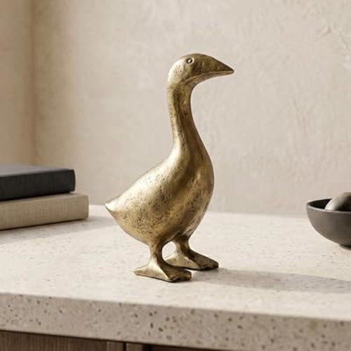 Cast Iron Goose Figurine, Cute Vintage Brass Goose Statue for Shelf, Desk, Mantel and Tabletop, Rustic Farmhouse Bird Decor, 6.69 Inch