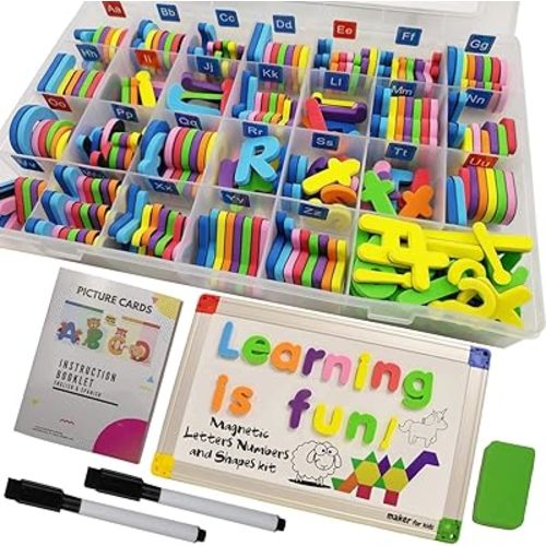 291Pcs ABC Magnets Board Magnetic Letters Numbers and Shapes Maker for Kids and Toddlers with Storage Double-Side Drawing Whiteboard Uppercase Lowercase Foam Alphabets Games Set