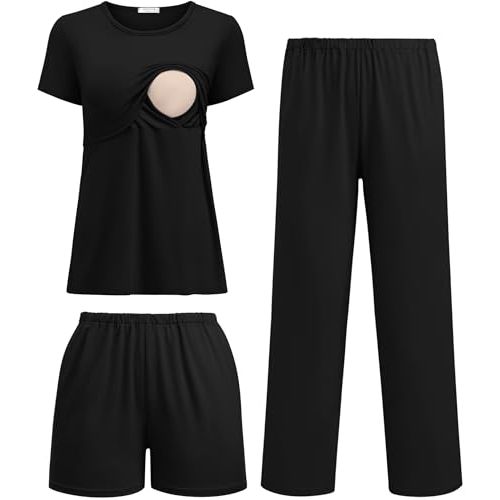 Ekouaer 3 Piece Postpartum Nursing Pajamas Set Short Sleeve Breastfeeding Shirts Pregnancy Shorts & Pants Maternity Pjs