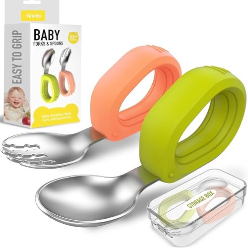 Toddler Utensils Set, Self-Feeding Baby Fork and Spoon with Easy-Grip Silicone Handle, 18/8 Stainless Steel Kids Silverware, Travel Case Included, Dishwasher Safe, BPA Free