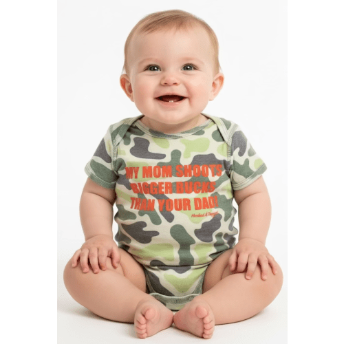 "My Mom Shoots Bigger Bucks Than Your Dad" Onesie – Hooked & Tagged, Inc.