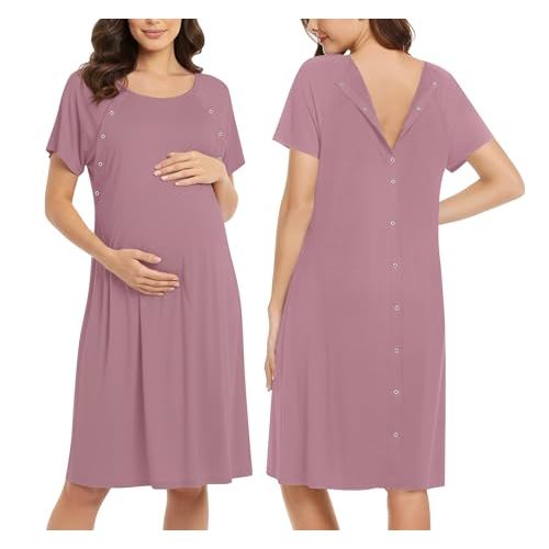 Ekouaer Women’s Nursing/Delivery/Labor/Hospital Nightdress Short Sleeve Maternity Nightgown with Button S-XXL