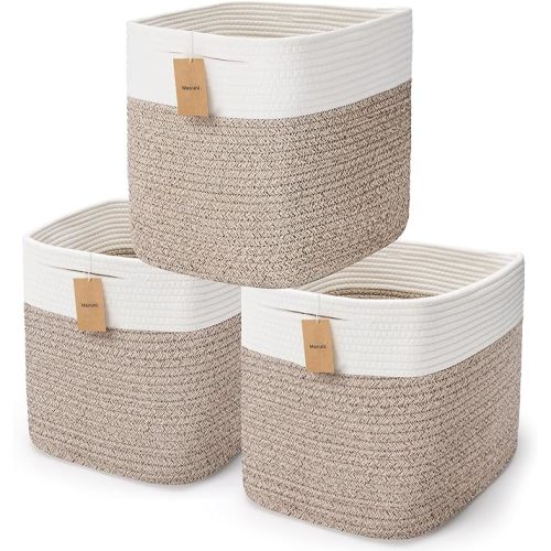 3Pack Cube Storage Bins,Square Storage Baskets for Christmas Decorative,Foldable Trunk organizer for Car,11Inch Durable Cotton Rope Woven Storage Basket for Organizing-Brown Basket for Shelves,Camping