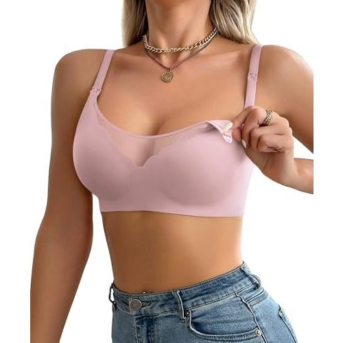 Ekouaer Women Mesh Support Nursing Bra Seamless Ultra Soft Maternity Bras Pregnancy Sleep Bralette with Extra Extenders