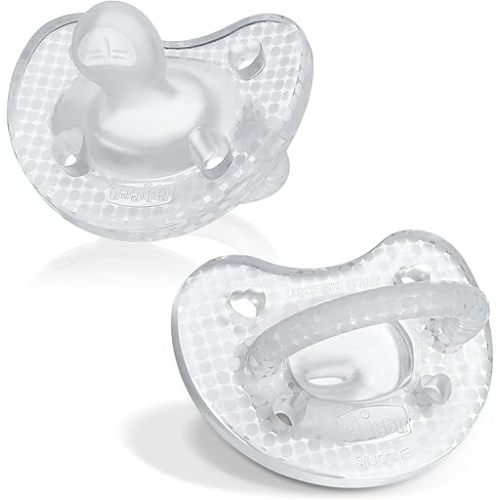 Chicco PhysioForma Luxe Silicone One Piece Pacifier for Babies Aged 0-6m | Fashion Textured Shield | BPA & Latex Free | Reusable Sterilizing Case | Crystal, 2pk