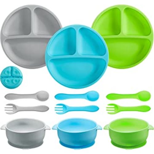 CHENGU 12 Pcs Silicone Bowl with Suction Set for Baby Toddler with Suction Plate, Spoon and Fork, Divided Design Baby Feeding Utensils Weaning Kit, Dishwasher and Microwave Safe