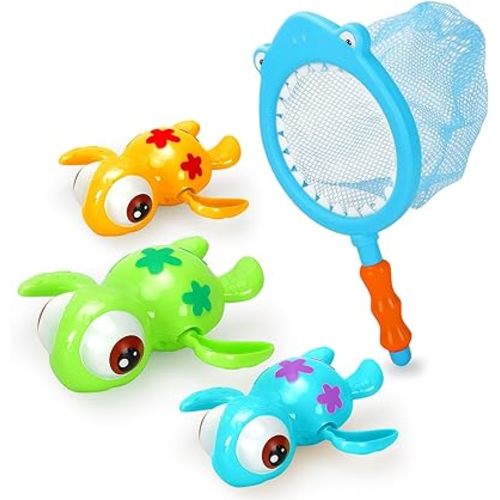 Bath Toys Set for Toddlers 1-3 Kids 4-8, 3Pcs Wind Up Swimming Turtle Water Toys with 1Pcs Shark Fishing Net, Floating Wind Up Turtle Bathtub Toys for Boys and Girls