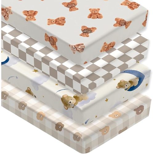 4 Pack Teddy Bear Crib Sheet Set for Boys or Girls, Neutral Soft Breathable Fitted Checkered Crib Sheet, Bear Nursery Decor for Standard Crib and Toddler Bed Mattresses 28 x 52 in