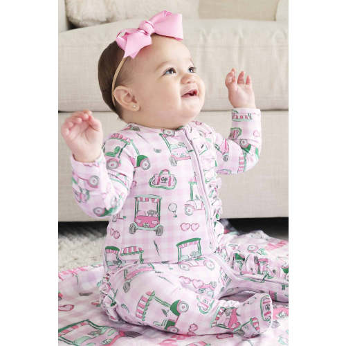 Birdie Babes Ruffle Zipper Footie in Pink | Caden Lane