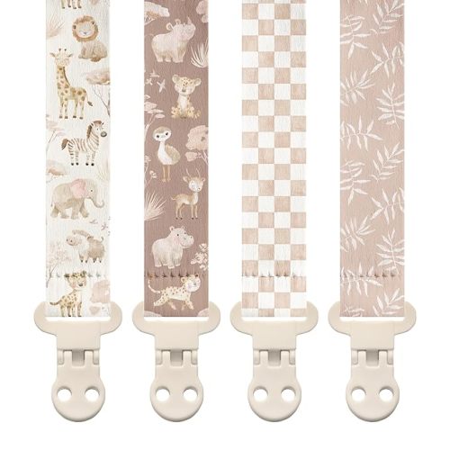 Stadela Baby Fabric Pacifier Clip Holder, Plastic Clip, 4‑Pack, Safari Pattern, Savanna Set