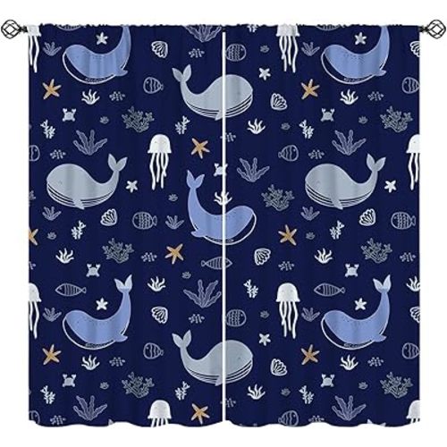 Whale Window Curtains for Kids, Cartoon Sea Jellyfish Window Treatments Under Sealife Window Drapes for Boys Girls Nursery Bedroom Living Room 42x45in (Decor)