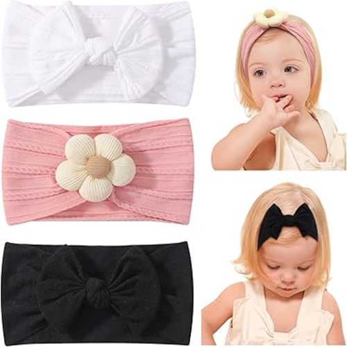 jollybows 3 PCS Baby Bows Headbands Soft Nylon Baby Girl Flower Headbands for Newborn Infant Toddler Kids Cute Bow Wide Hairbands Hair Accessories(White Pink Black)