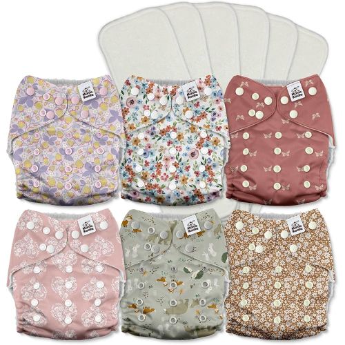 Mama Koala 3.0 Pocket Cloth Diapers for Babies with AWJ Lining, 6 Pack with 6 5-Layer Natural Cloth Diaper Inserts - Reusable and Washable Pocket Diapers(A-Wild Flowers)