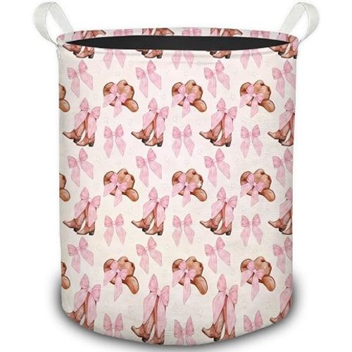 Coquette Pink Bow Western Cowgirl Laundry Basket, Preppy Pink Cowgirl Hat Boots Foldable Laundry Hamper With Handles Clothes Toys Storage Basket for Girls Dorm Bedroom Bathroom