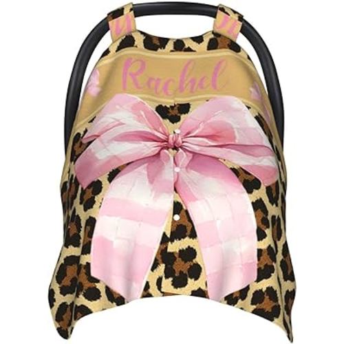 Personalized Baby Car Seat Canopy for Babies, Custom Name Baby Car Seats Cover for Girls, Pink Bow with Leopard Print Opening Minky Nursing Breastfeeding Cover for Infant, Carseat Canopies for Newborn