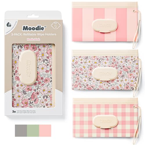 Moodie NEW 3 PACK Baby Wipes Holder | Refillable Wipes Container w/DOUBLE-LOCK SEAL |Travel Wipe Case | Portable Wipe Dispenser for Diaper Bag w Silicone Strap | Reusable Wipes Pouch (ROSIE PINK)