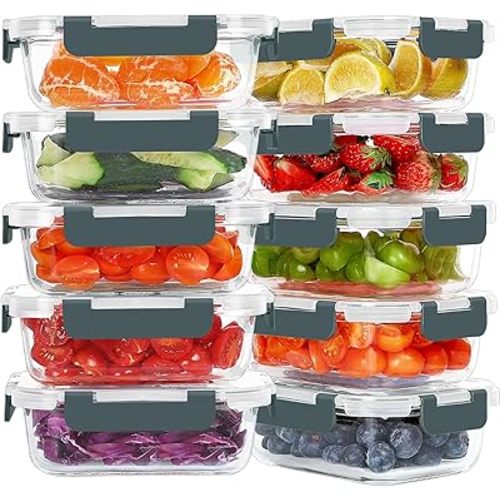 KOMUEE 10 Packs 22 oz Glass Meal Prep Containers, Glass Food Storage Containers with Lids, Airtight Lunch Boxes BPA Free, Microwave and Freezer Safe