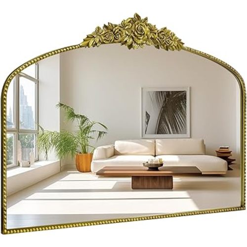Antique Gold Arch Wall Mirror, 48"x30" Traditional Vintage Mantel Mirror with Ornate Metal Frame, Baroque Victorian Mirror for Fireplace/Entryway/Bathroom/Living Room/Dining Room