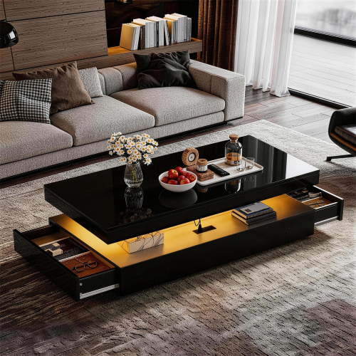 BaPiPro LED Coffee Table with 2 Storage Drawers, Modern Center Table with USB Charging & Smart Control for Living Room, 39" Black