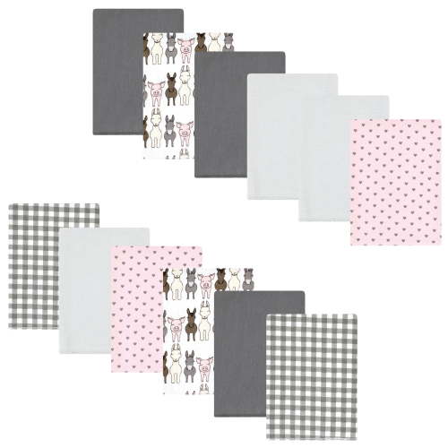 Luvable Friends Hudson Baby Cotton Poly Flannel Burp Cloths 12pk, Barn Pals Pink, One Size