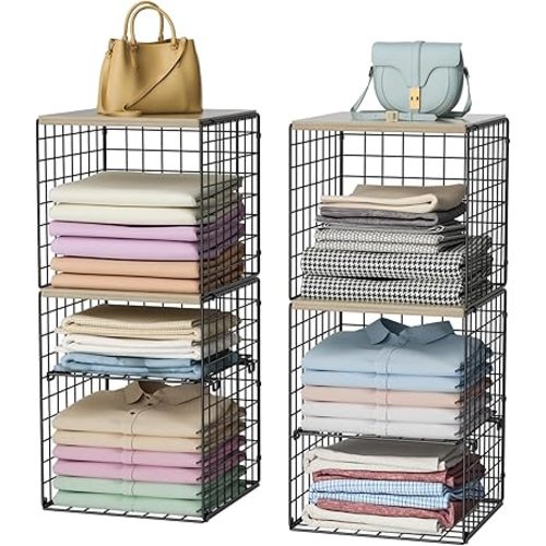 6-Tier Closet Organizers and Storage, Closet Shelves with Adjustable Dividers & Wood Top, Dual-Layer Reinforced Storage Bins, Larger Capacity Clothes Shelf Basket for Wardrobe, Bedroom