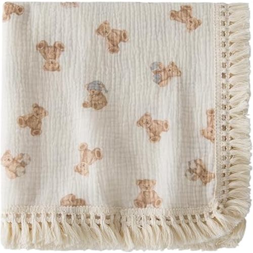 Cotton Muslin Baby Blanket with Tassel, Boho Bohemian Muslin Swaddle Blanket Teddy Bear Baby Receiving Blanket with Fringe, Nursery Decor Throw or Nursing Blankets, 47" x40”,(Teddy Bear-C)