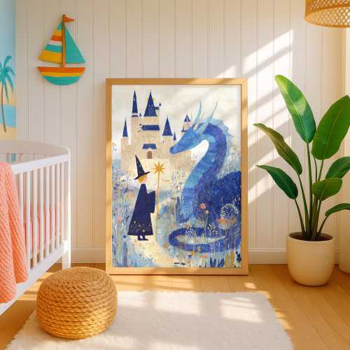 Fantasy Nursery Wall Art, Blue Dragon Print, Wizard and Castle Painting, Magical Kids Bedroom Decor