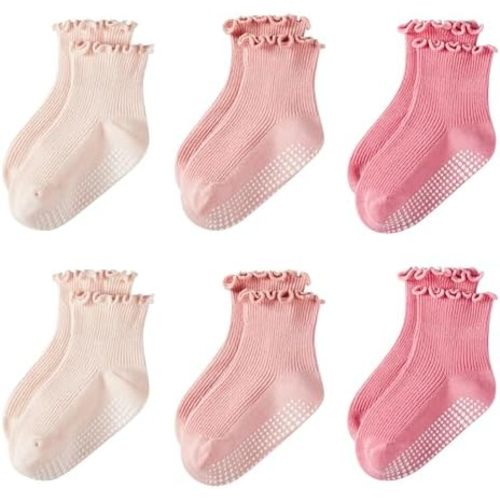 Toddler Girls Ruffle Socks: 6 Pairs Cute Frilly Non Slip Baby Socks