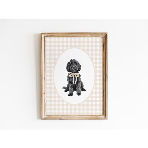 Black Doodle Nursery Decor, Watercolor Dog Print, Neutral Nursery, Boy Gingham Wall Print, Tan Beige Bow Art, Girl Golden Doodle Nursery